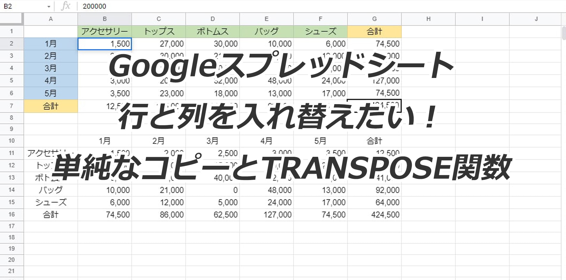 Googleスプレッドシート 行列を入れ替えてコピーするならtranspose関数が便利