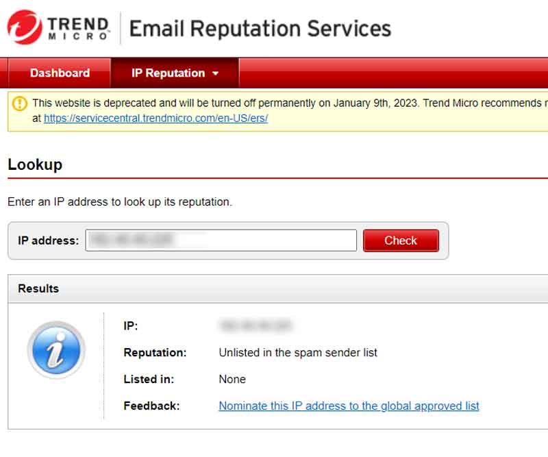 TrendMicro Email Reputation Services ブロックリストにIPアドレスが登録されていない場合の表示